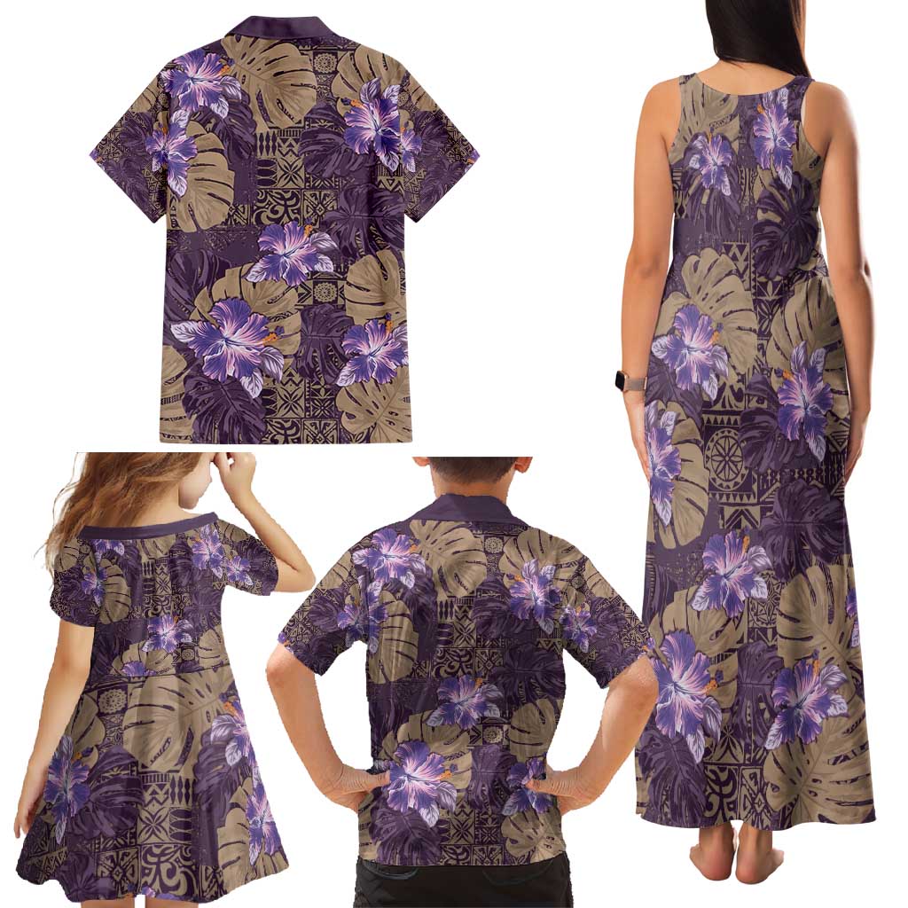 Hawaii Family Matching Tank Maxi Dress and Hawaiian Shirt Purple Polynesian Monstera Patterns - Polynesian Pride