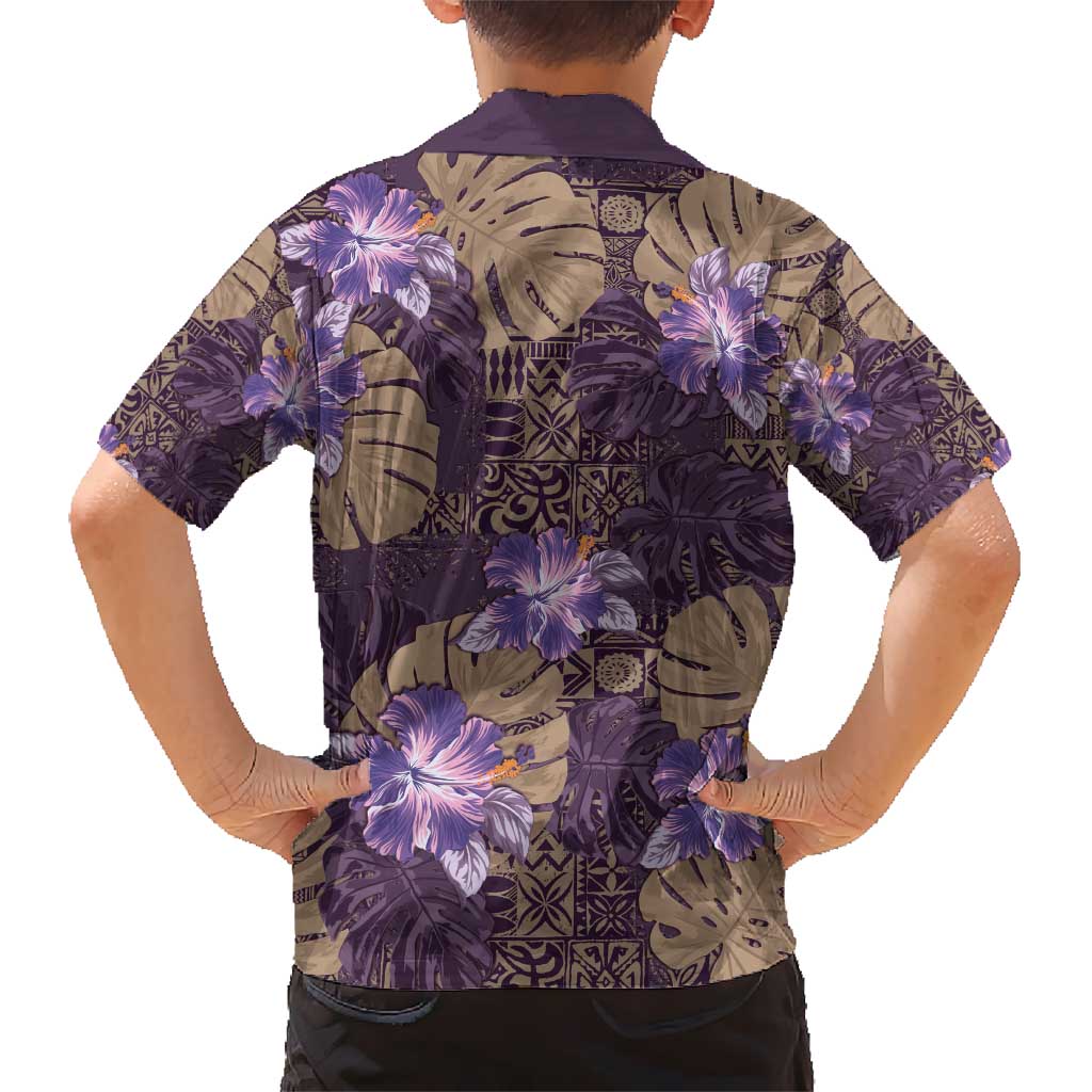 Hawaii Kid Hawaiian Shirt Purple Polynesian Monstera Patterns - Polynesian Pride