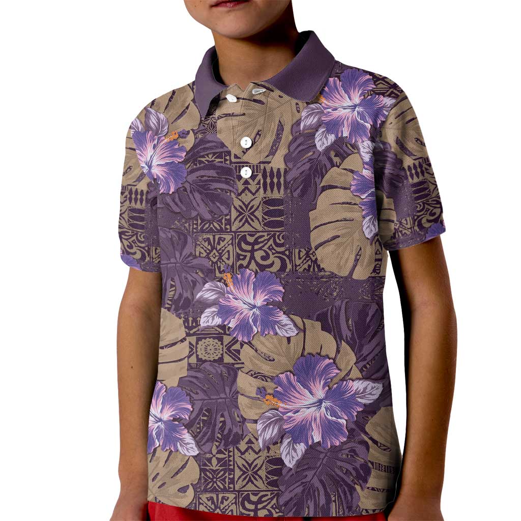 Hawaii Kid Polo Shirt Purple Polynesian Monstera Patterns - Polynesian Pride