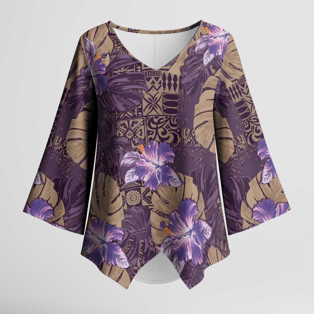 Hawaii Kimono Sleeve Blouse Purple Polynesian Monstera Patterns - Polynesian Pride