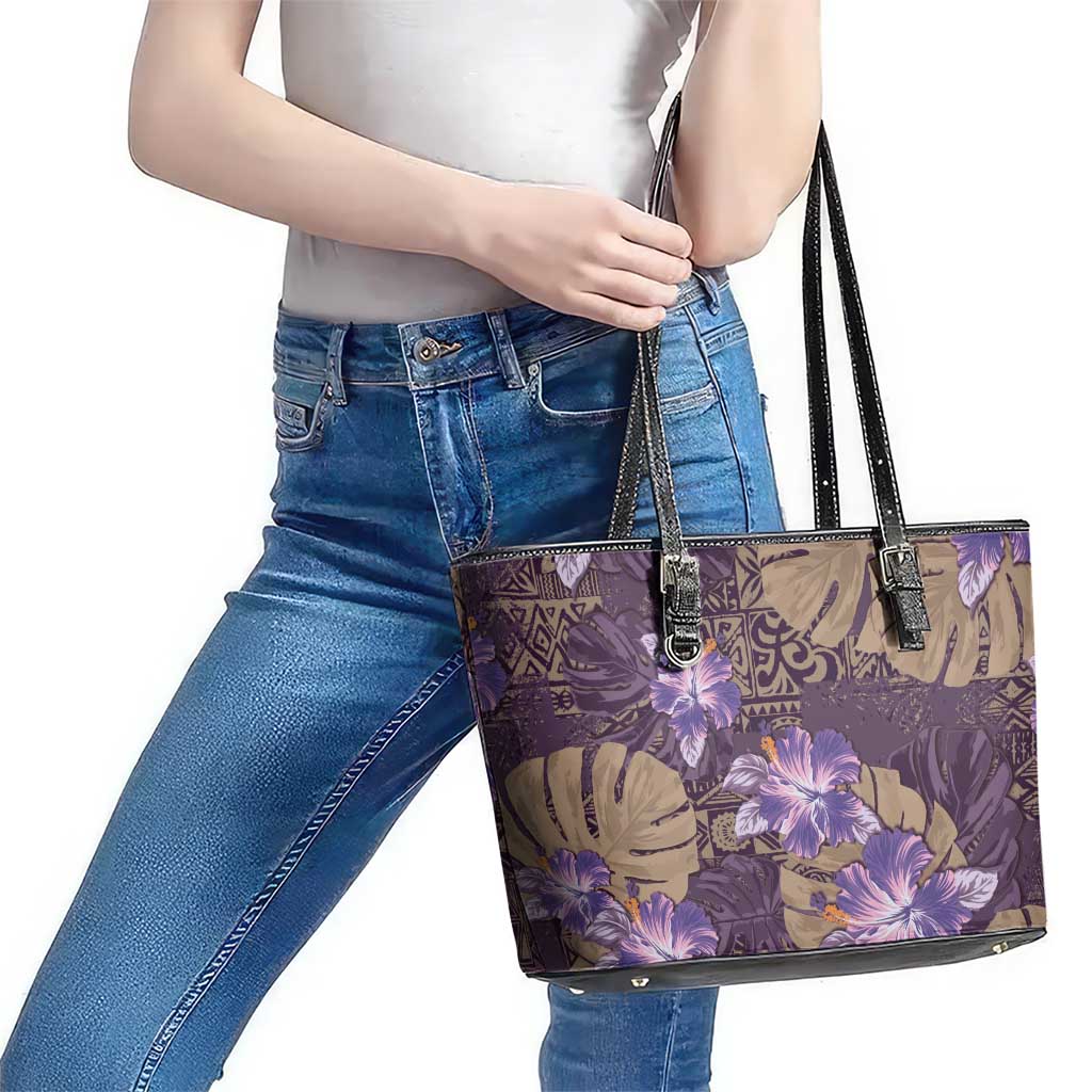Hawaii Leather Tote Bag Purple Polynesian Monstera Patterns DT05 - Polynesian Pride