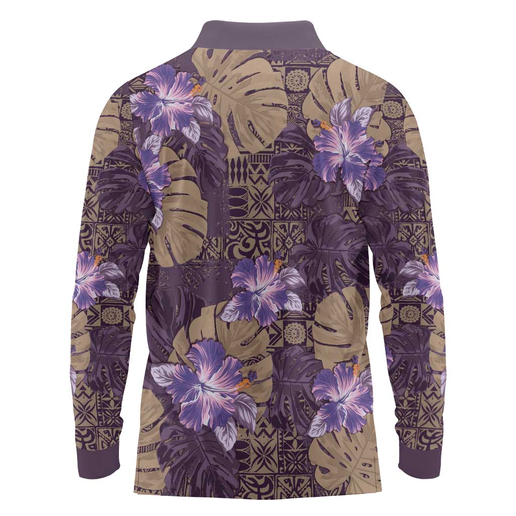 Hawaii Long Sleeve Polo Shirt Purple Polynesian Monstera Patterns - Polynesian Pride