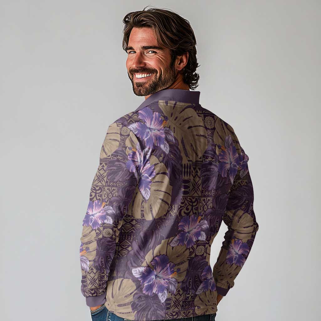 Hawaii Long Sleeve Polo Shirt Purple Polynesian Monstera Patterns - Polynesian Pride