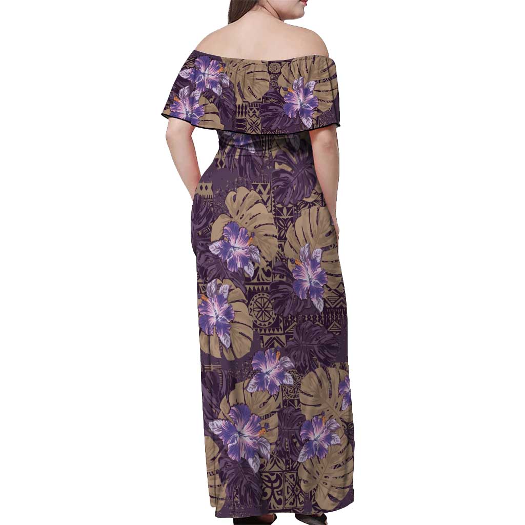 Hawaii Off Shoulder Maxi Dress Purple Polynesian Monstera Patterns - Polynesian Pride