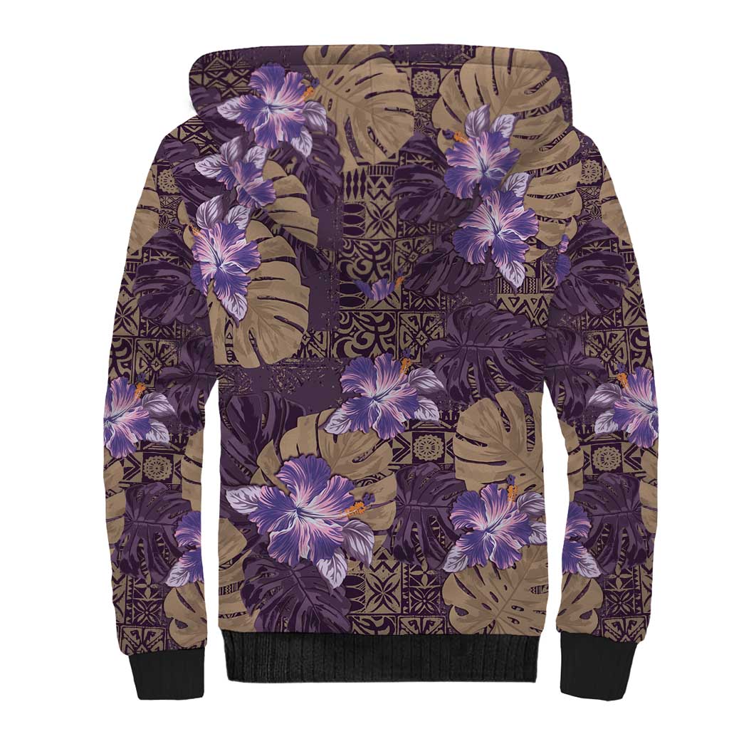 Hawaii Sherpa Hoodie Purple Polynesian Monstera Patterns - Polynesian Pride