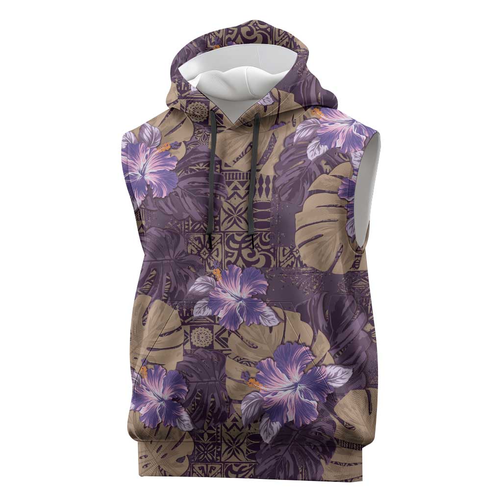 Hawaii Sleeveless Hoodie Purple Polynesian Monstera Patterns - Polynesian Pride