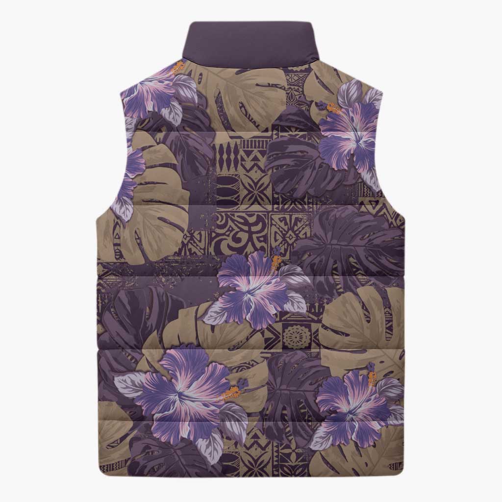 Hawaii Sleeveless Puffer Jacket Purple Polynesian Monstera Patterns - Polynesian Pride