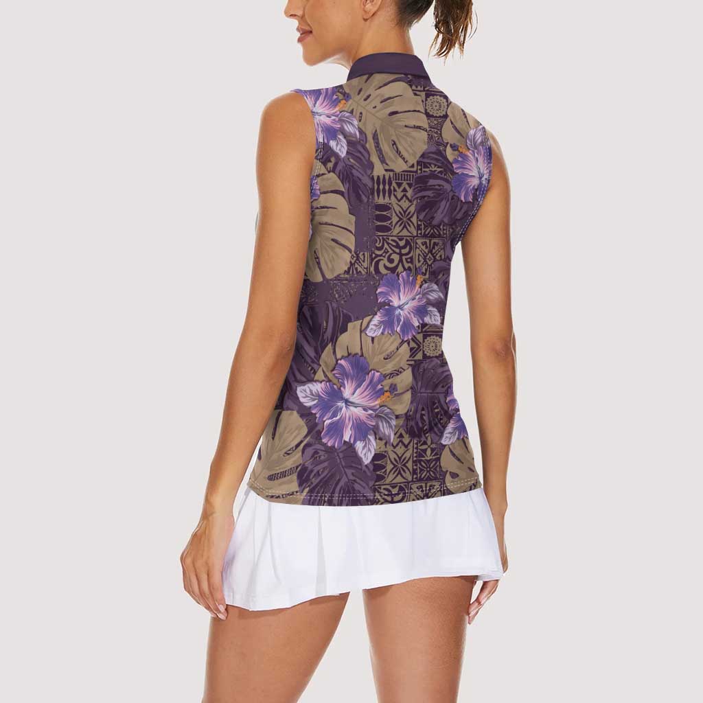 Hawaii Women Sleeveless Polo Shirt Purple Polynesian Monstera Patterns - Polynesian Pride