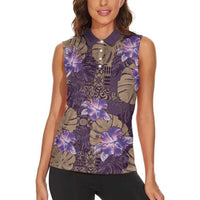 Hawaii Women Sleeveless Polo Shirt Purple Polynesian Monstera Patterns - Polynesian Pride