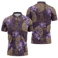 Hawaii Zipper Polo Shirt Purple Polynesian Monstera Patterns - Polynesian Pride