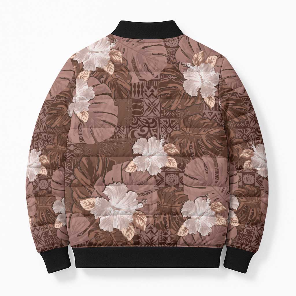 Hawaii Bomber Puffer Jacket Brown Polynesian Monstera Patterns - Polynesian Pride