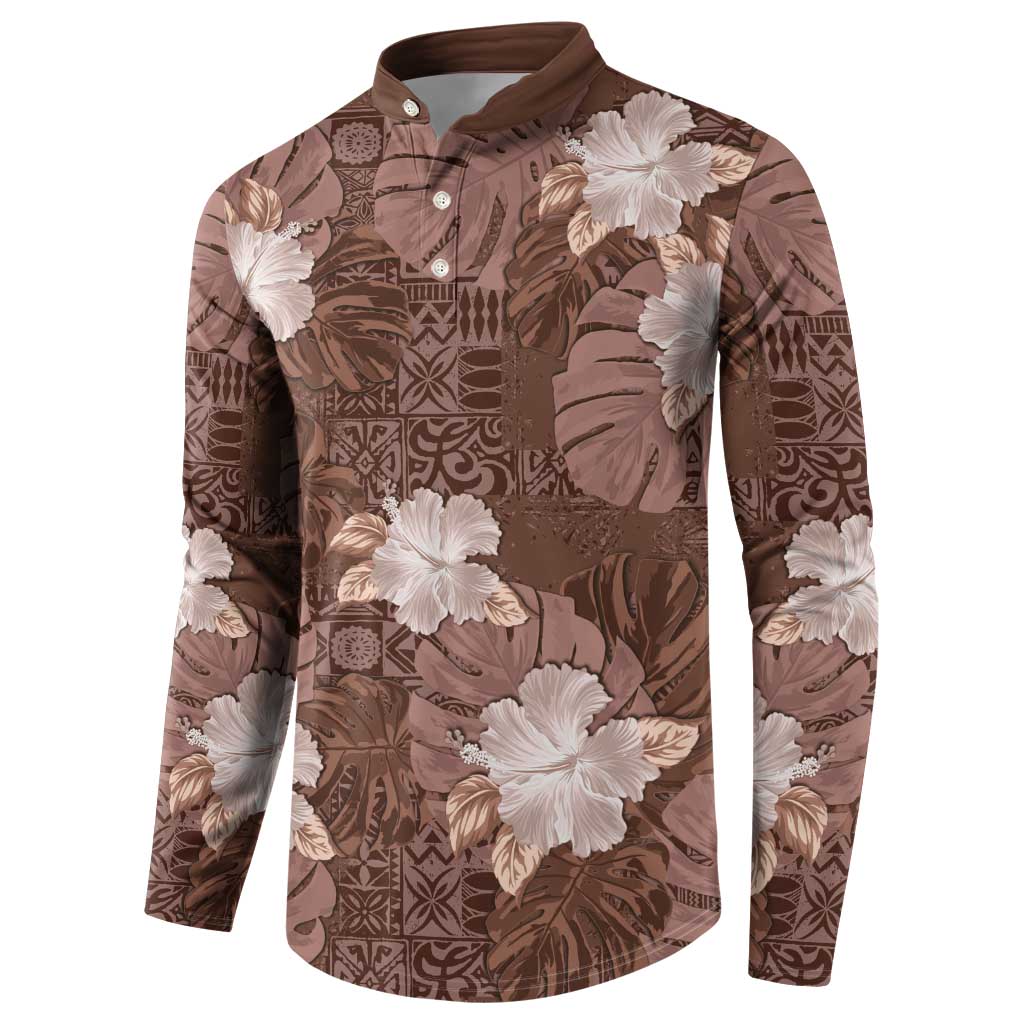 Hawaii Button Sweatshirt Brown Polynesian Monstera Patterns - Polynesian Pride