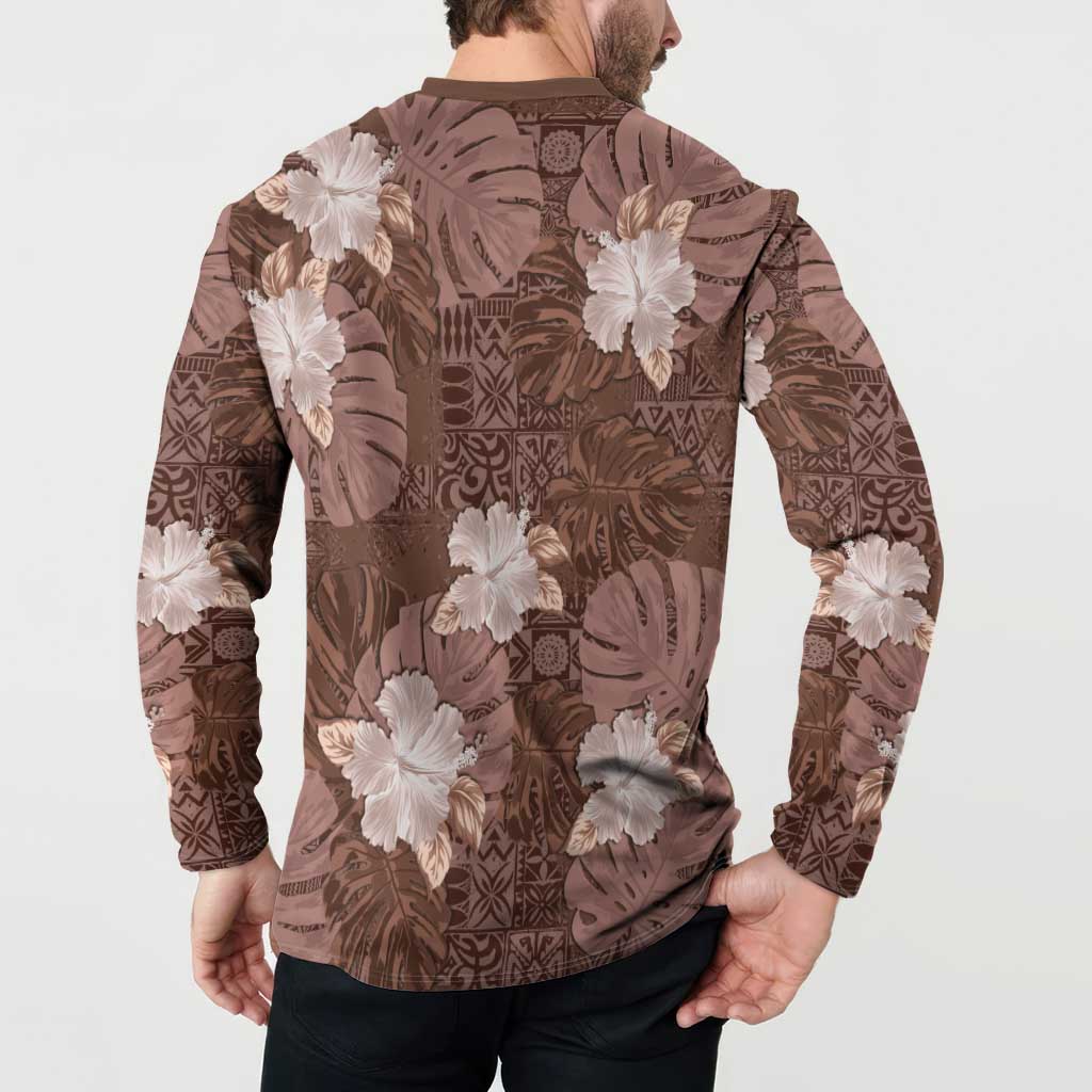 Hawaii Button Sweatshirt Brown Polynesian Monstera Patterns - Polynesian Pride