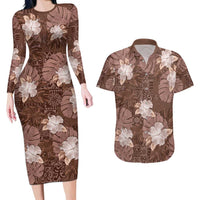 Hawaii Couples Matching Long Sleeve Bodycon Dress and Hawaiian Shirt Brown Polynesian Monstera Patterns - Polynesian Pride