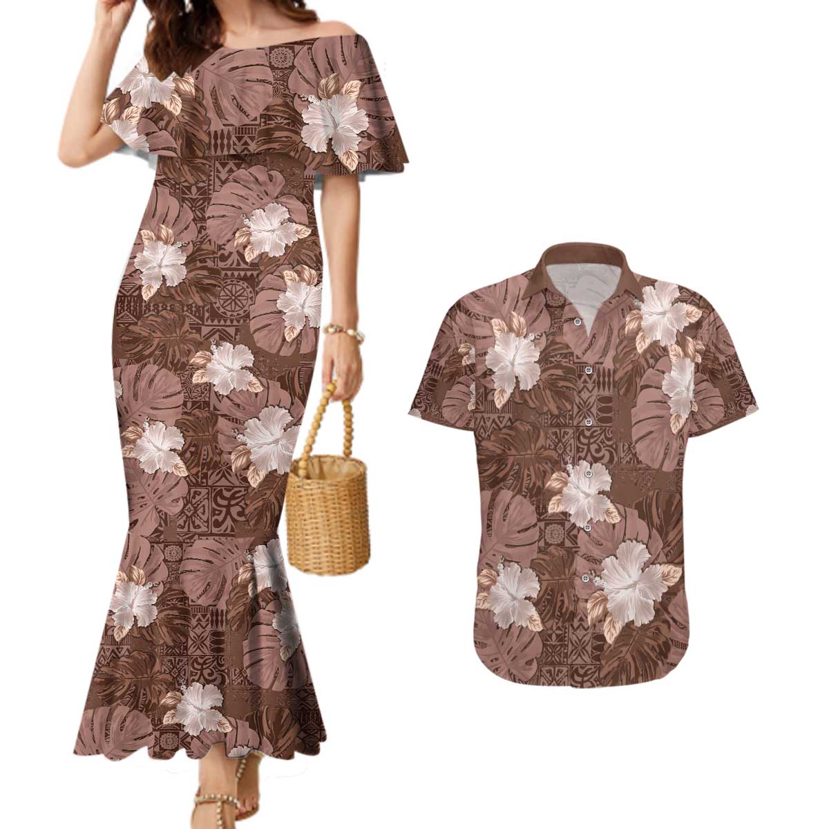 Hawaii Couples Matching Mermaid Dress and Hawaiian Shirt Brown Polynesian Monstera Patterns - Polynesian Pride