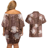 Hawaii Couples Matching Off Shoulder Short Dress and Hawaiian Shirt Brown Polynesian Monstera Patterns - Polynesian Pride