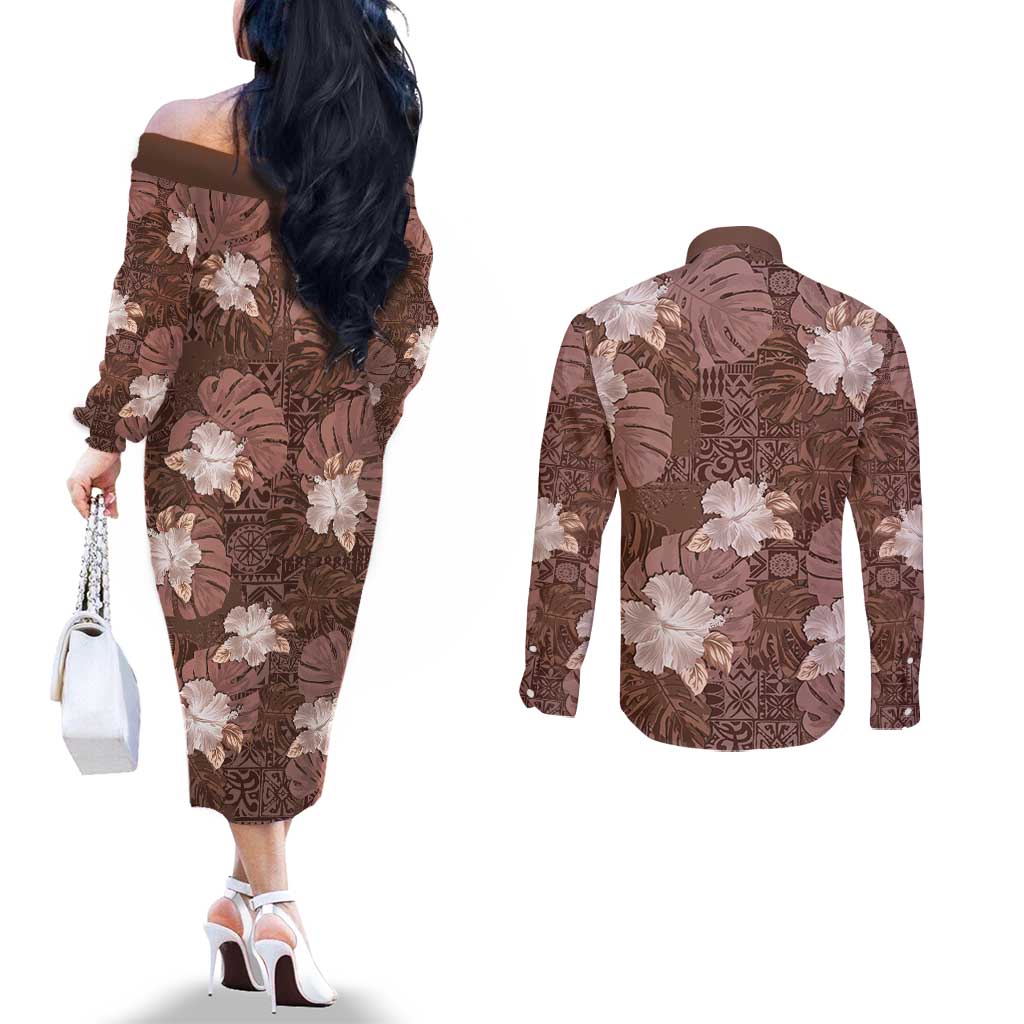 Hawaii Couples Matching Off The Shoulder Long Sleeve Dress and Long Sleeve Button Shirt Brown Polynesian Monstera Patterns - Polynesian Pride