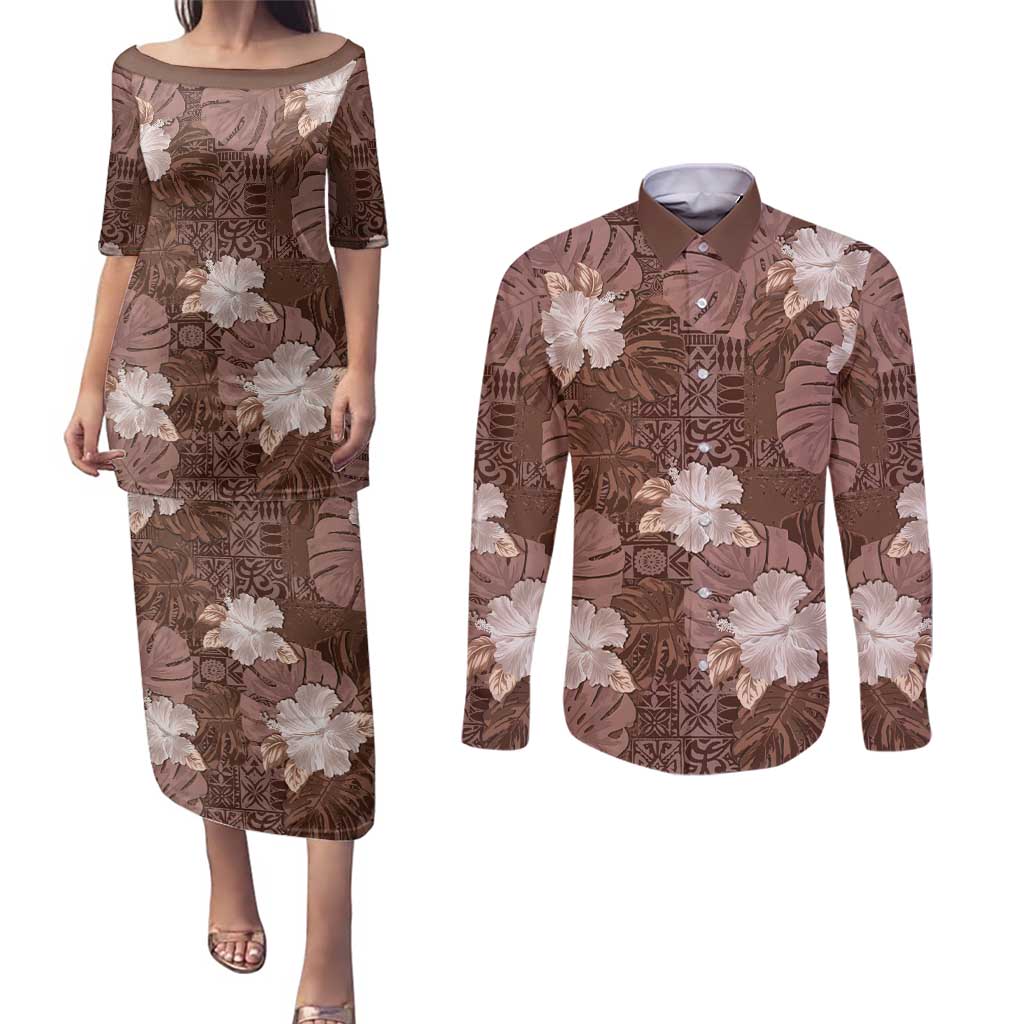 Hawaii Couples Matching Puletasi and Long Sleeve Button Shirt Brown Polynesian Monstera Patterns - Polynesian Pride