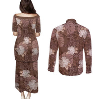Hawaii Couples Matching Puletasi and Long Sleeve Button Shirt Brown Polynesian Monstera Patterns - Polynesian Pride