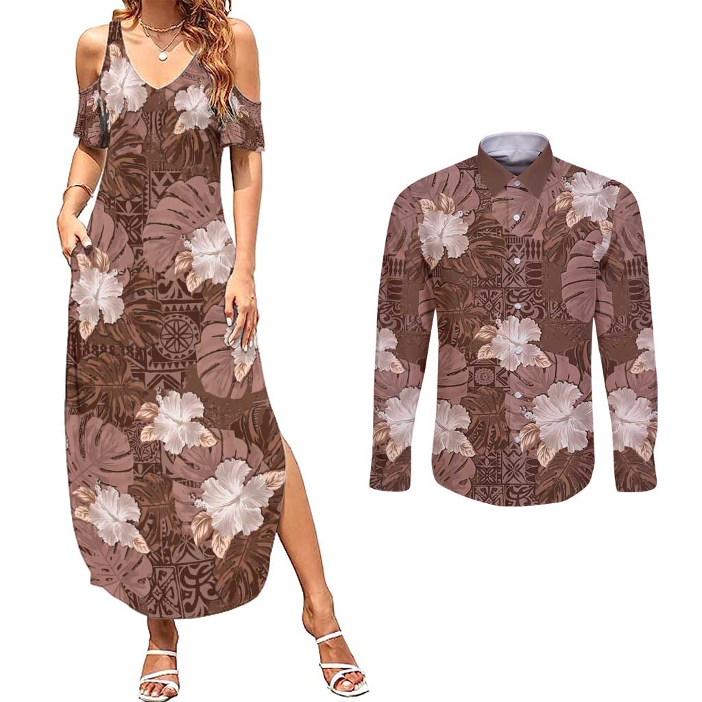 Hawaii Couples Matching Summer Maxi Dress and Long Sleeve Button Shirt Brown Polynesian Monstera Patterns - Polynesian Pride