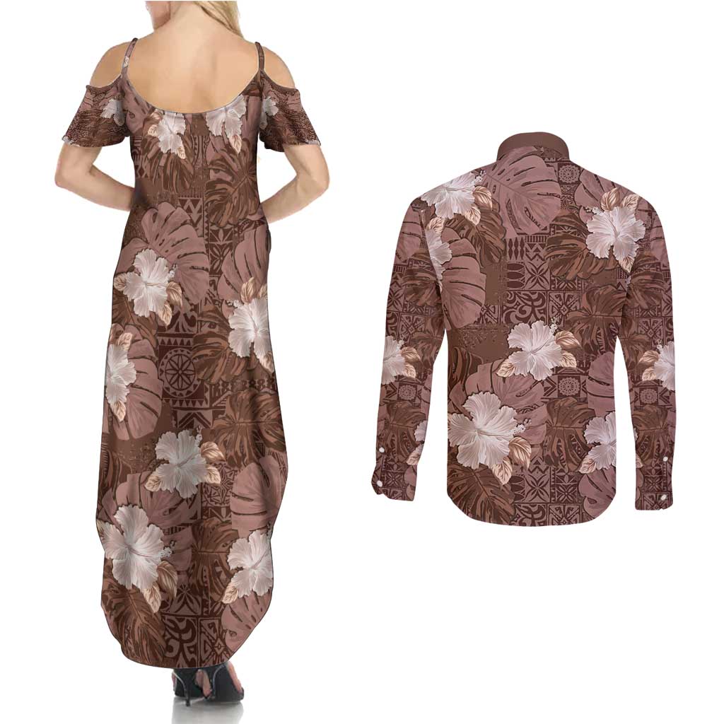 Hawaii Couples Matching Summer Maxi Dress and Long Sleeve Button Shirt Brown Polynesian Monstera Patterns - Polynesian Pride