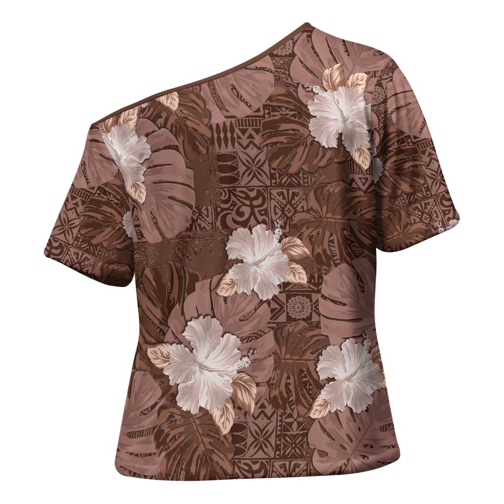 Hawaii Cross Shoulder Shirt Brown Polynesian Monstera Patterns - Polynesian Pride