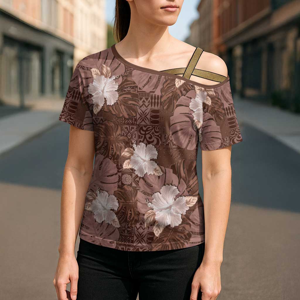 Hawaii Cross Shoulder Shirt Brown Polynesian Monstera Patterns - Polynesian Pride