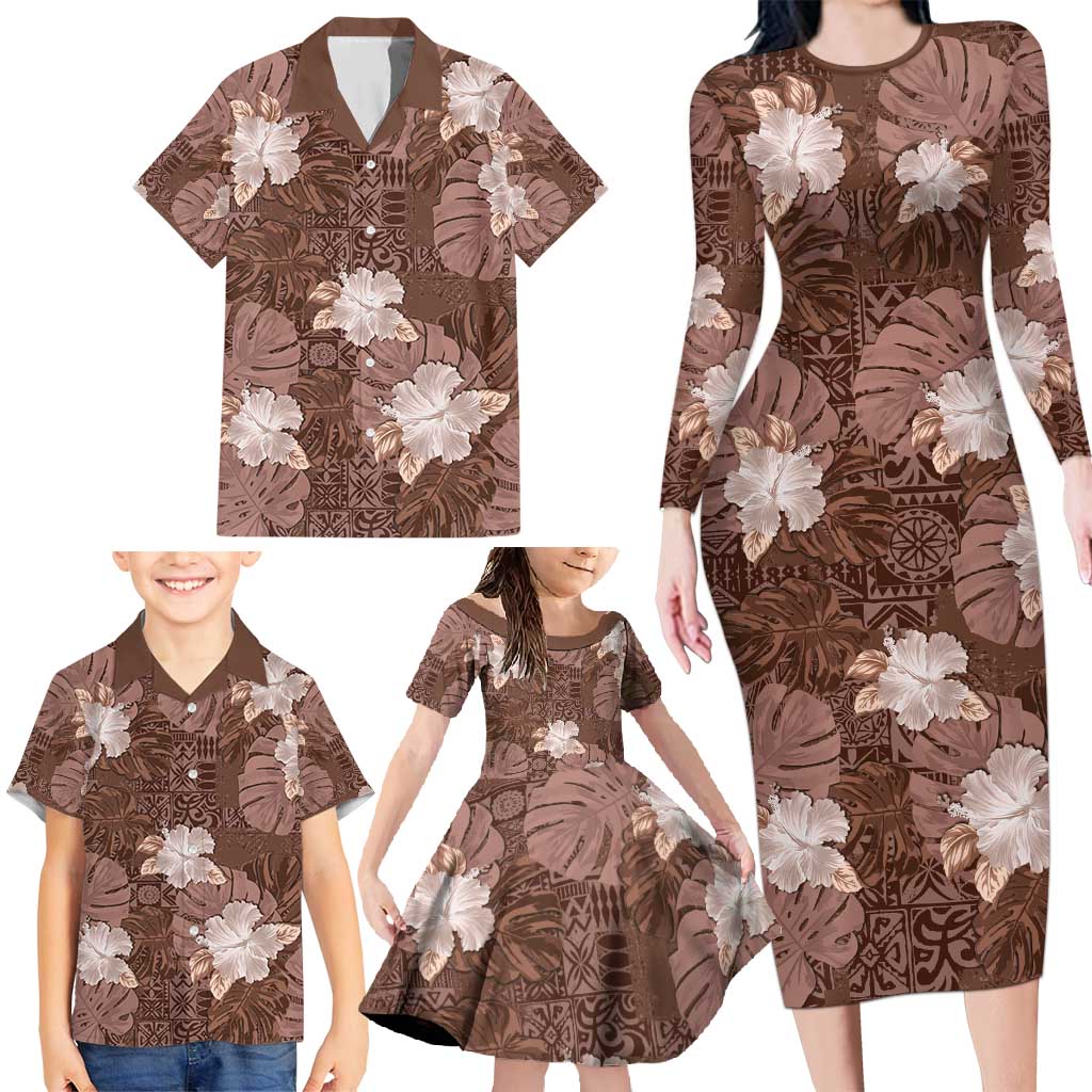 Hawaii Family Matching Long Sleeve Bodycon Dress and Hawaiian Shirt Brown Polynesian Monstera Patterns - Polynesian Pride