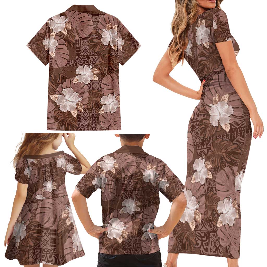 Hawaii Family Matching Short Sleeve Bodycon Dress and Hawaiian Shirt Brown Polynesian Monstera Patterns - Polynesian Pride