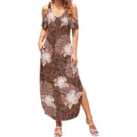 Hawaii Family Matching Summer Maxi Dress and Hawaiian Shirt Brown Polynesian Monstera Patterns DT05 Mom's Dress Brown - Polynesian Pride