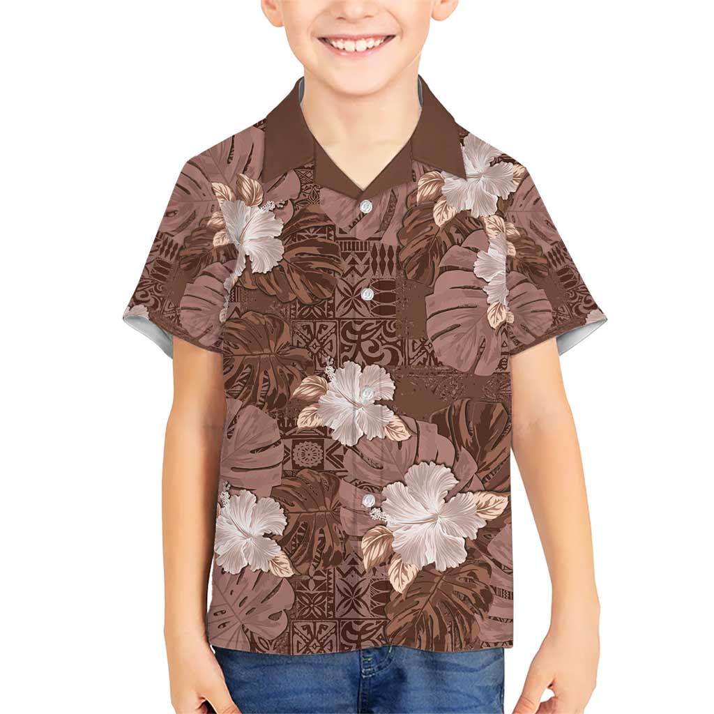 Hawaii Kid Hawaiian Shirt Brown Polynesian Monstera Patterns - Polynesian Pride