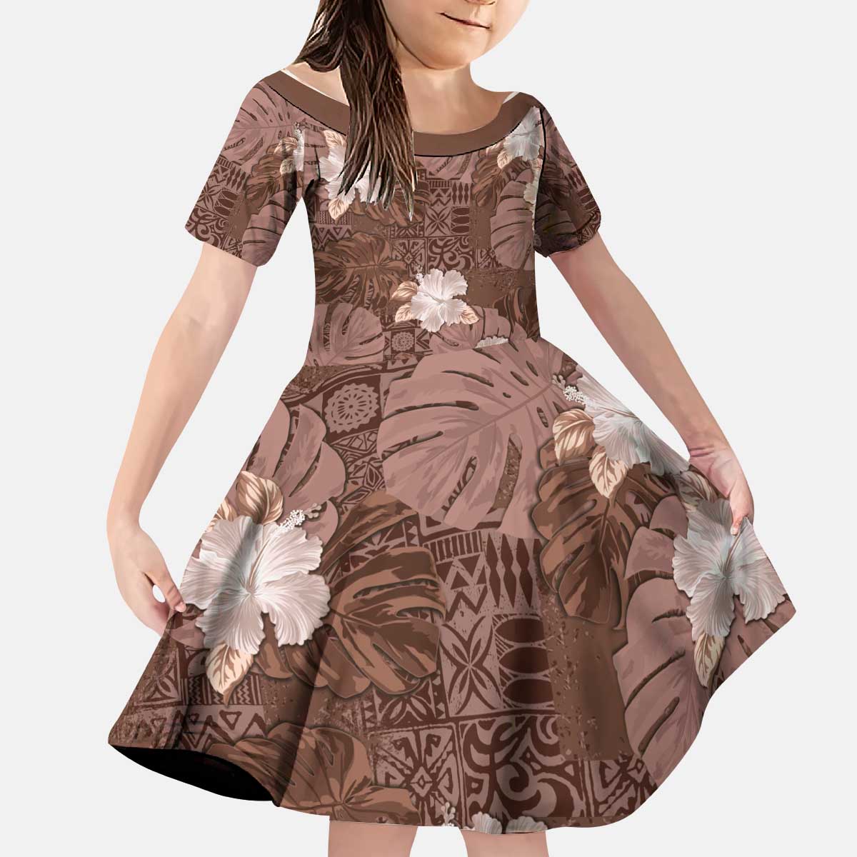 Hawaii Kid Short Sleeve Dress Brown Polynesian Monstera Patterns - Polynesian Pride
