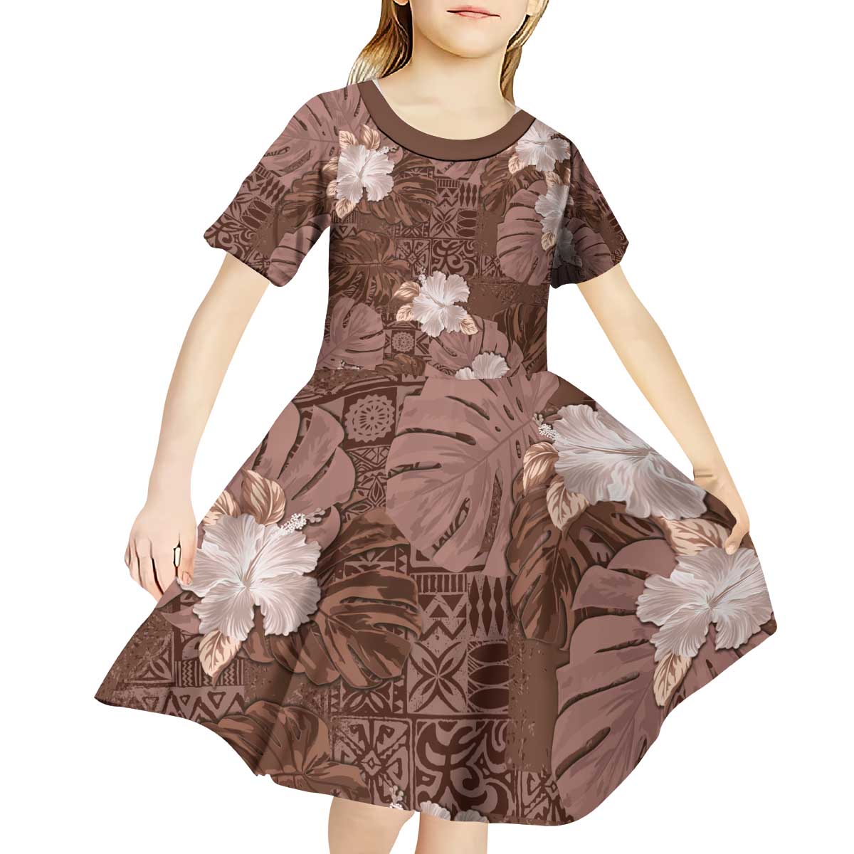 Hawaii Kid Short Sleeve Dress Brown Polynesian Monstera Patterns - Polynesian Pride
