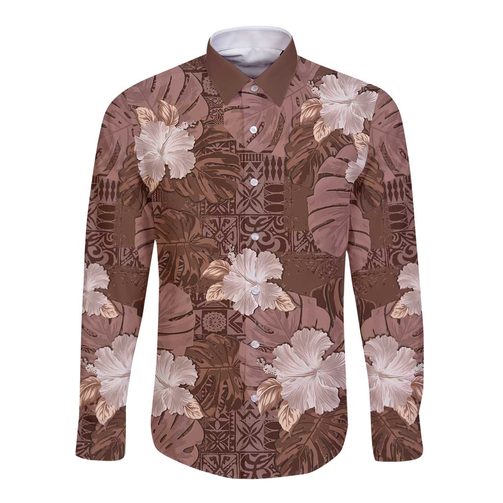 Hawaii Long Sleeve Button Shirt Brown Polynesian Monstera Patterns - Polynesian Pride