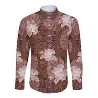 Hawaii Long Sleeve Button Shirt Brown Polynesian Monstera Patterns - Polynesian Pride