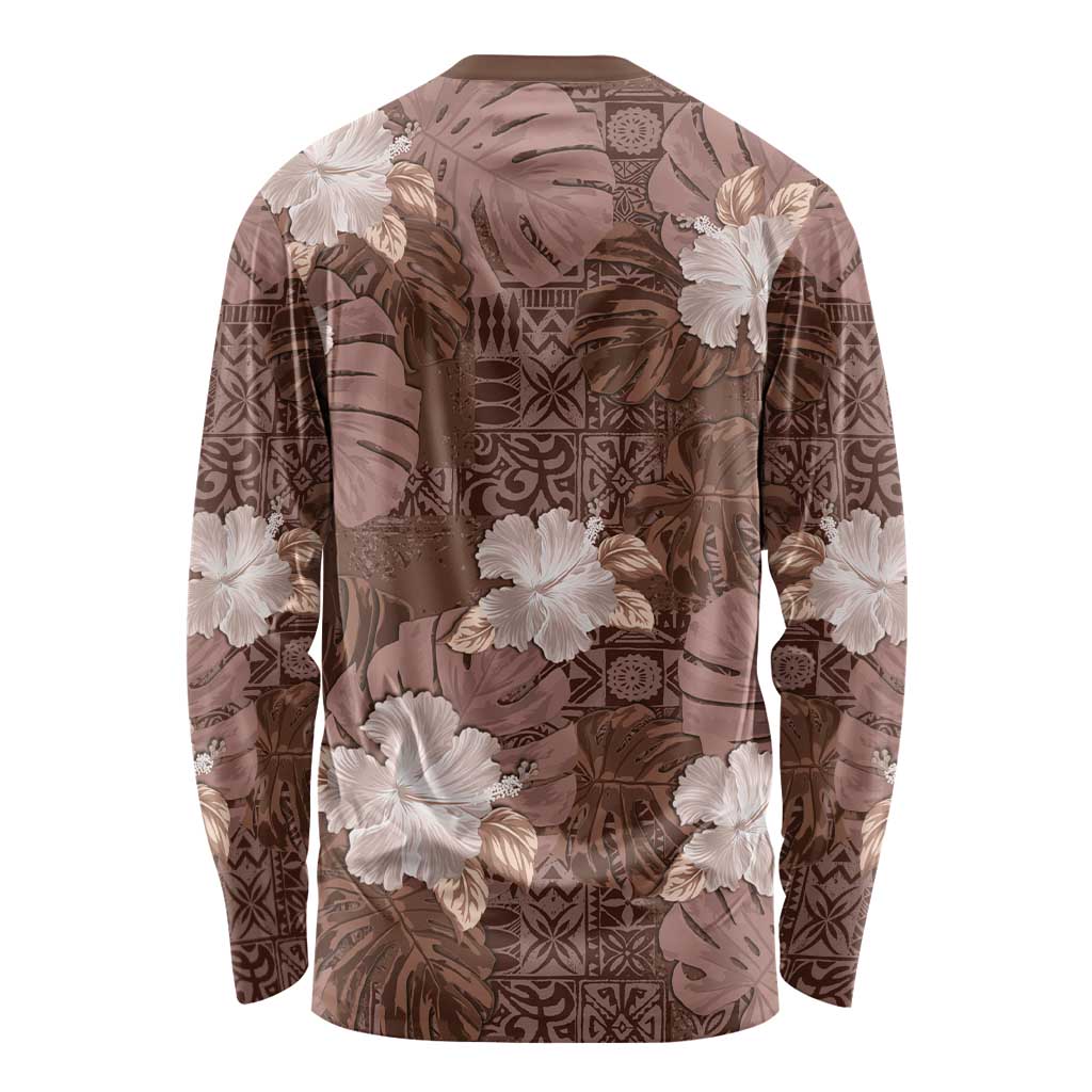 Hawaii Long Sleeve Shirt Brown Polynesian Monstera Patterns - Polynesian Pride