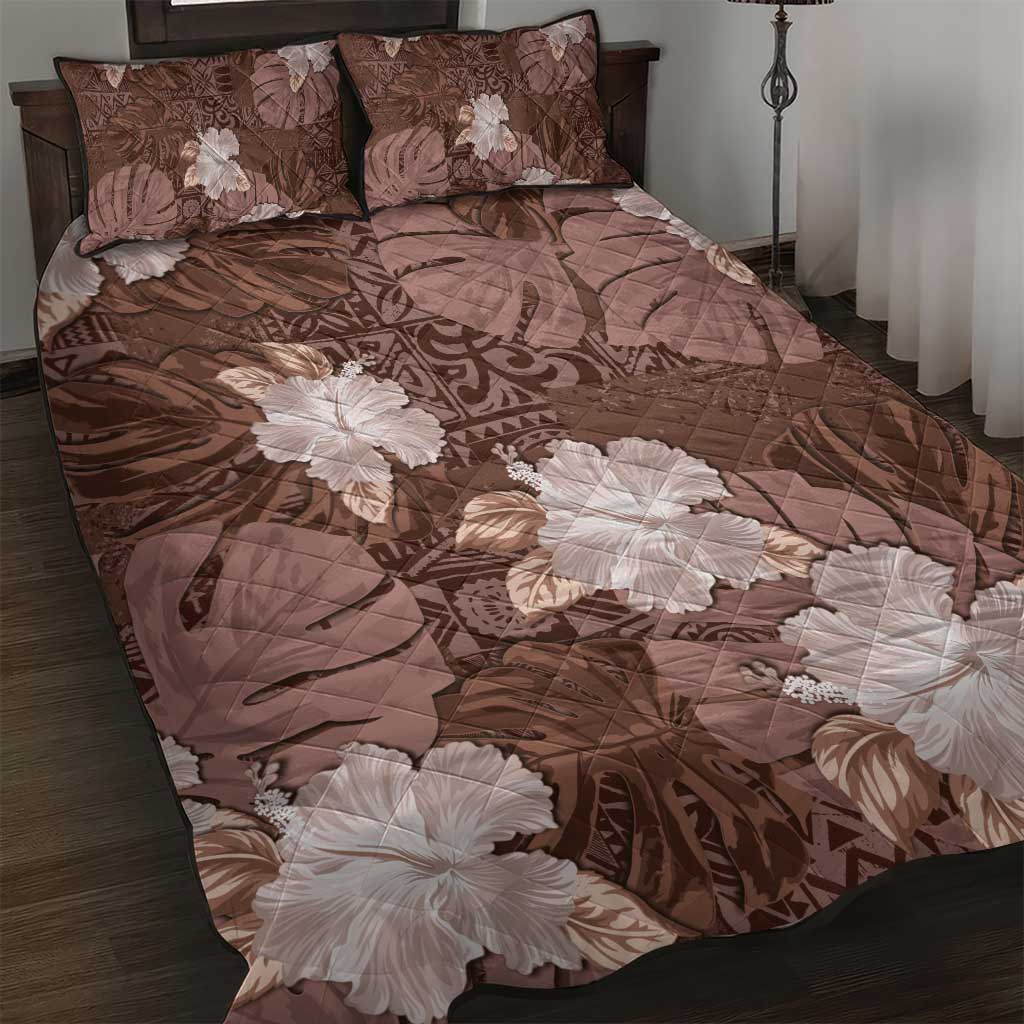 Hawaii Quilt Bed Set Brown Polynesian Monstera Patterns - Polynesian Pride
