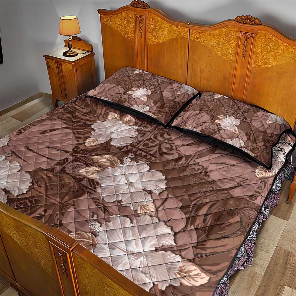 Hawaii Quilt Bed Set Brown Polynesian Monstera Patterns - Polynesian Pride