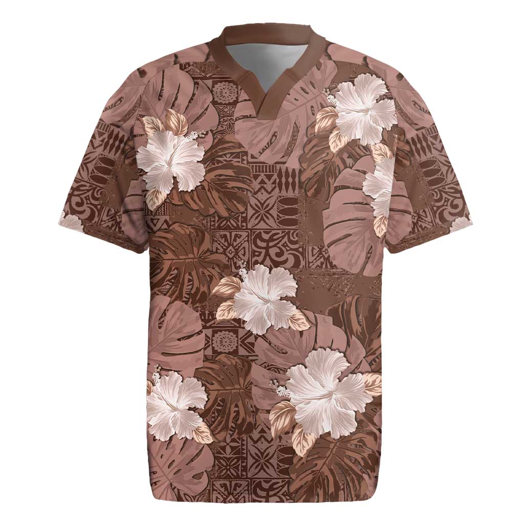 Hawaii Rugby Jersey Brown Polynesian Monstera Patterns - Polynesian Pride