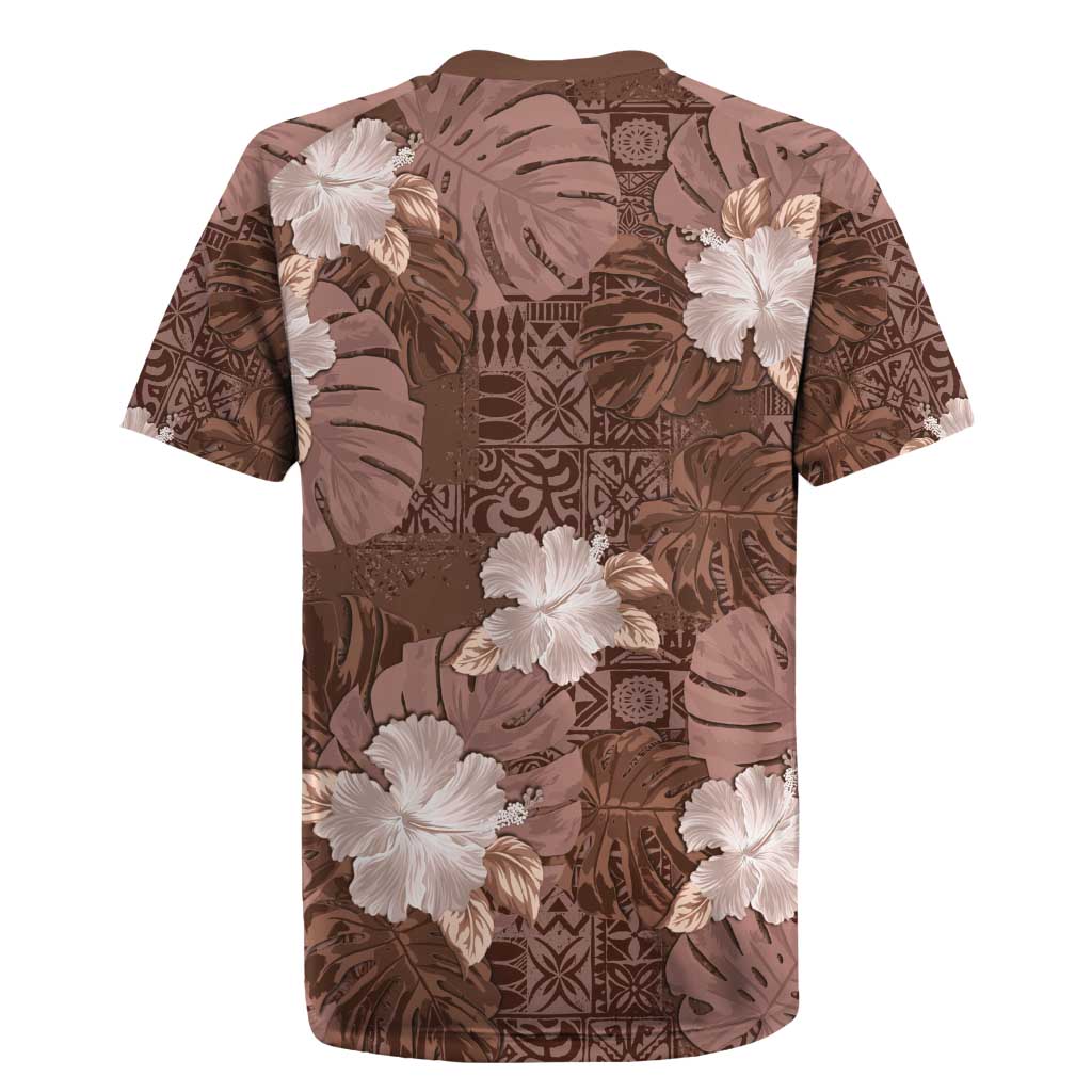 Hawaii Rugby Jersey Brown Polynesian Monstera Patterns - Polynesian Pride