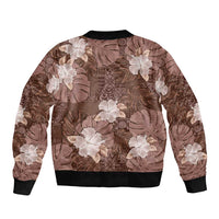 Hawaii Sleeve Zip Bomber Jacket Brown Polynesian Monstera Patterns - Polynesian Pride