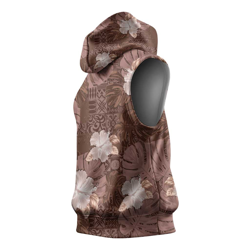 Hawaii Sleeveless Hoodie Brown Polynesian Monstera Patterns - Polynesian Pride