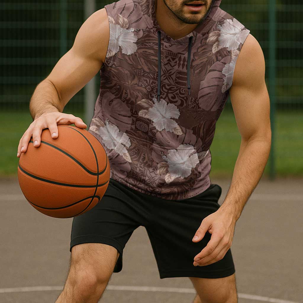 Hawaii Sleeveless Hoodie Brown Polynesian Monstera Patterns - Polynesian Pride