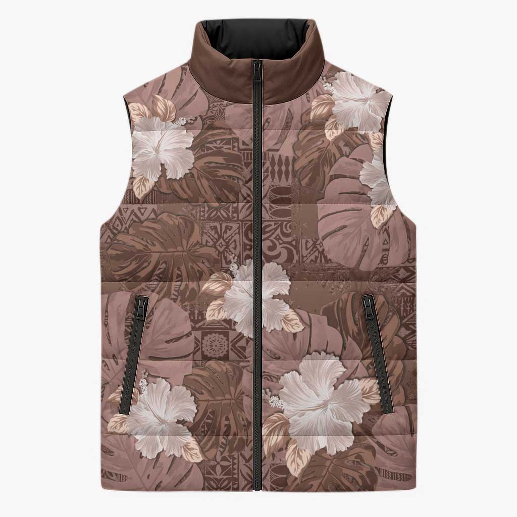 Hawaii Sleeveless Puffer Jacket Brown Polynesian Monstera Patterns - Polynesian Pride