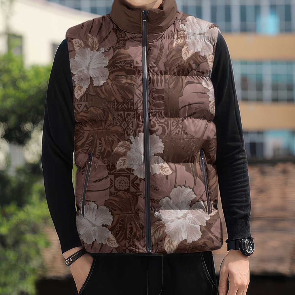 Hawaii Sleeveless Puffer Jacket Brown Polynesian Monstera Patterns - Polynesian Pride