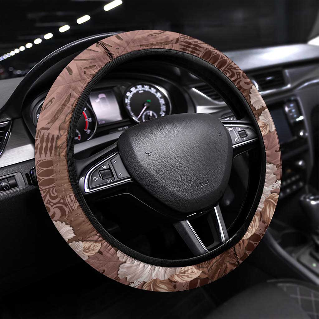 Hawaii Steering Wheel Cover Brown Polynesian Monstera Patterns - Polynesian Pride