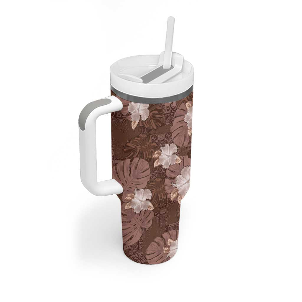 Hawaii Tumbler With Handle Brown Polynesian Monstera Patterns - Polynesian Pride