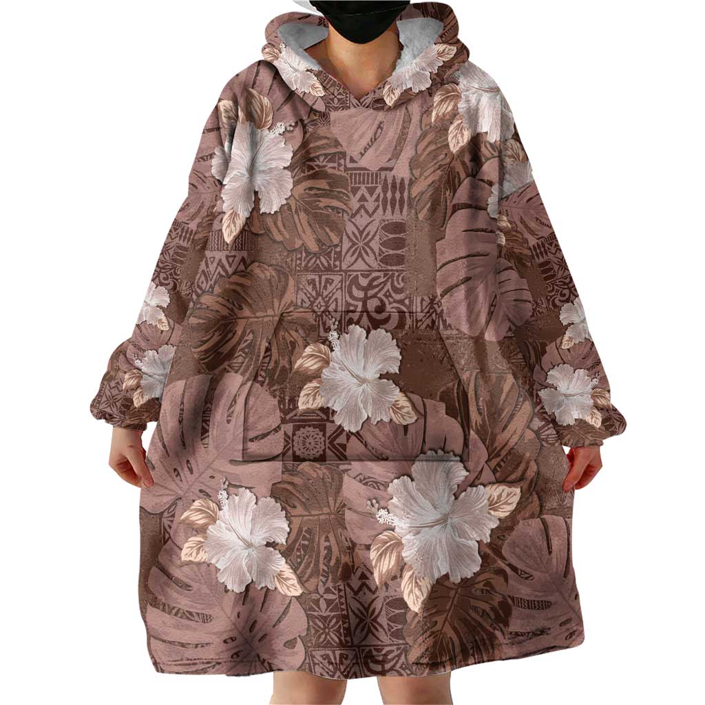 Hawaii Wearable Blanket Hoodie Brown Polynesian Monstera Patterns - Polynesian Pride