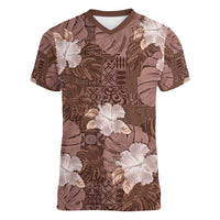 Hawaii Women V-Neck T-Shirt Brown Polynesian Monstera Patterns - Polynesian Pride