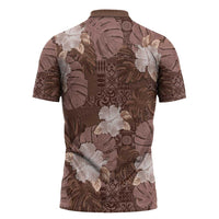 Hawaii Zipper Polo Shirt Brown Polynesian Monstera Patterns - Polynesian Pride